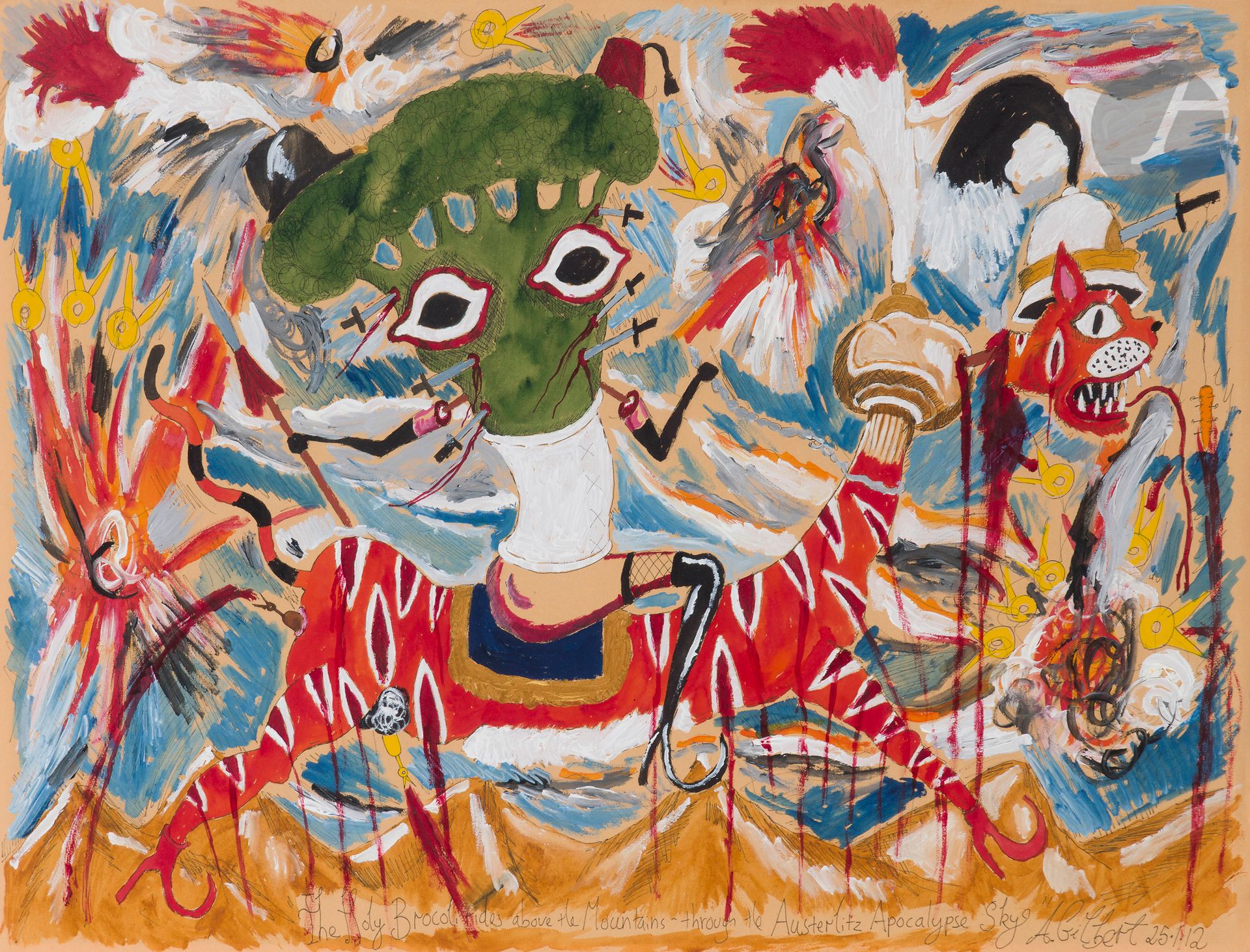 Andrew GILBERT (b. 1980)
The Holy Brocoli rides above the mountains ~ through the Austerlitz Apocalypse Sky, 2012
Mixed media on paper.
Signed, dated and titled at foot.
48 x 63 cm