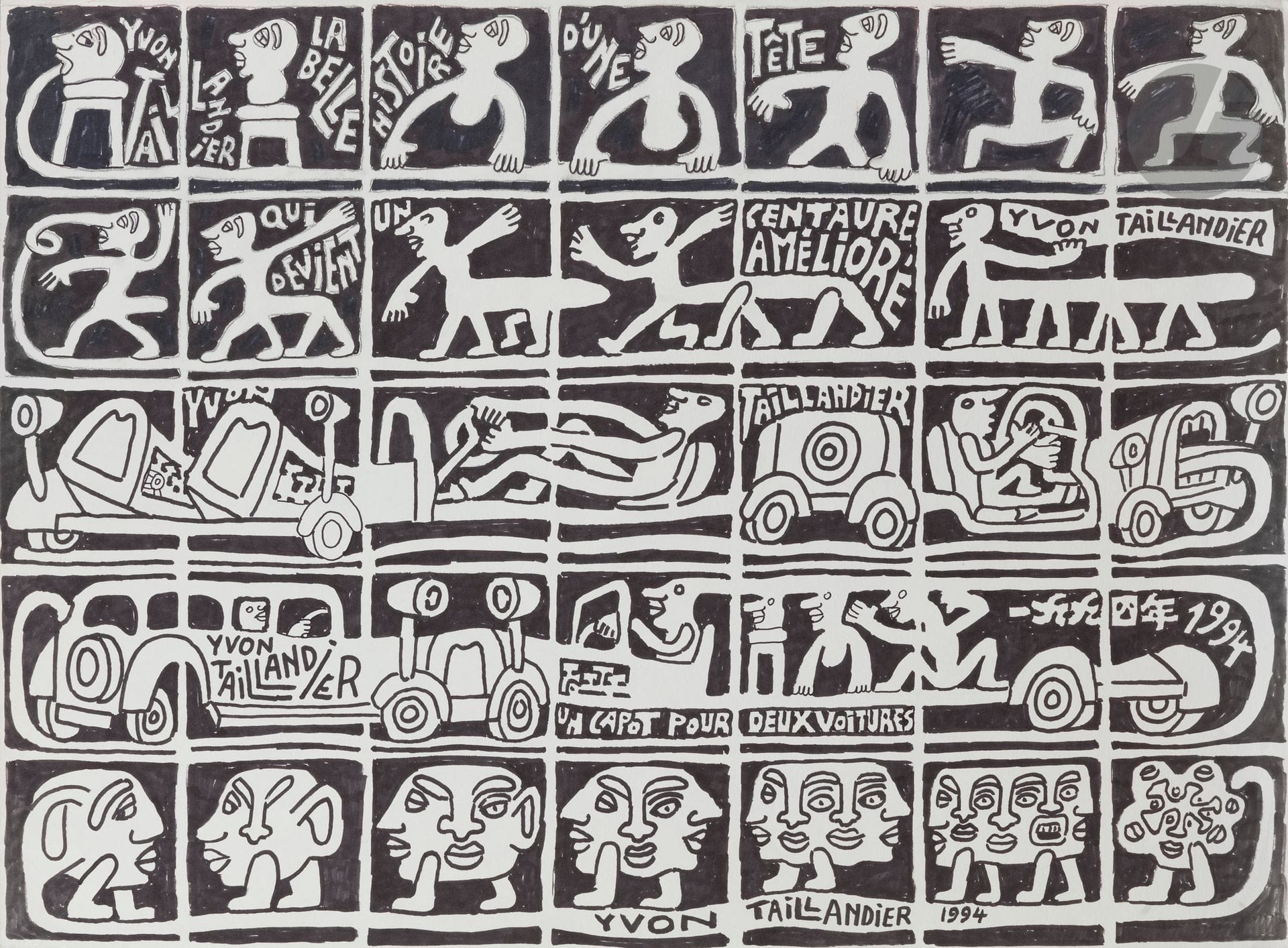 Yvon TAILLANDIER (1926-2018)
Yvon Taillandier la belle histoire d’une tête qui devient un centaure amélioré, Un capot pour deux voitures, 1994
Feutre.
Signé et daté plusieurs fois dans la composition.
51,5 x 69 cm

Bibliographie :
Yvon Taillandier, Paris, Éditions Cercle d’Art, 2006, une sérigraphie reproduite.