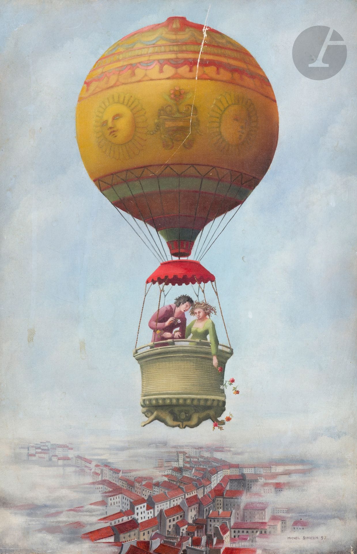 Michel SIMÉON (1920-1998)
La Montgolfière des amoureux, 1957
Huile sur toile.
Signée et datée en bas à droite.
(Griffure).
41 x 27 cm