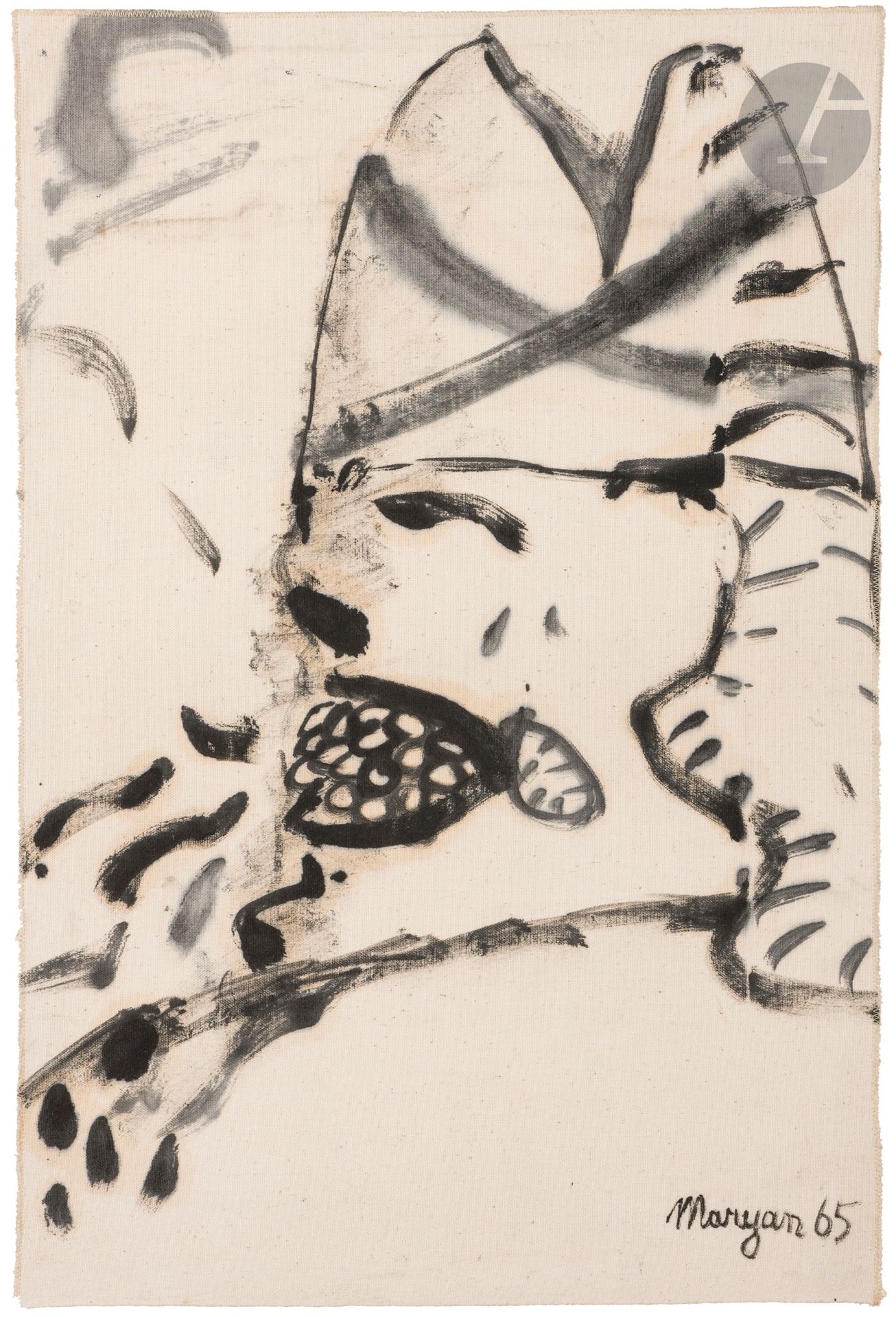 Pinchas Burstein dit Mary MARYAN 
(1927-1977)
Personnage en larmes, 1965
Technique mixte sur tissu contrecollé sur toile.
Signée et datée en bas à droite.
64,5 x 47,5 cm

Provenance : 
Galerie de France, Paris (étiquette au dos).
.