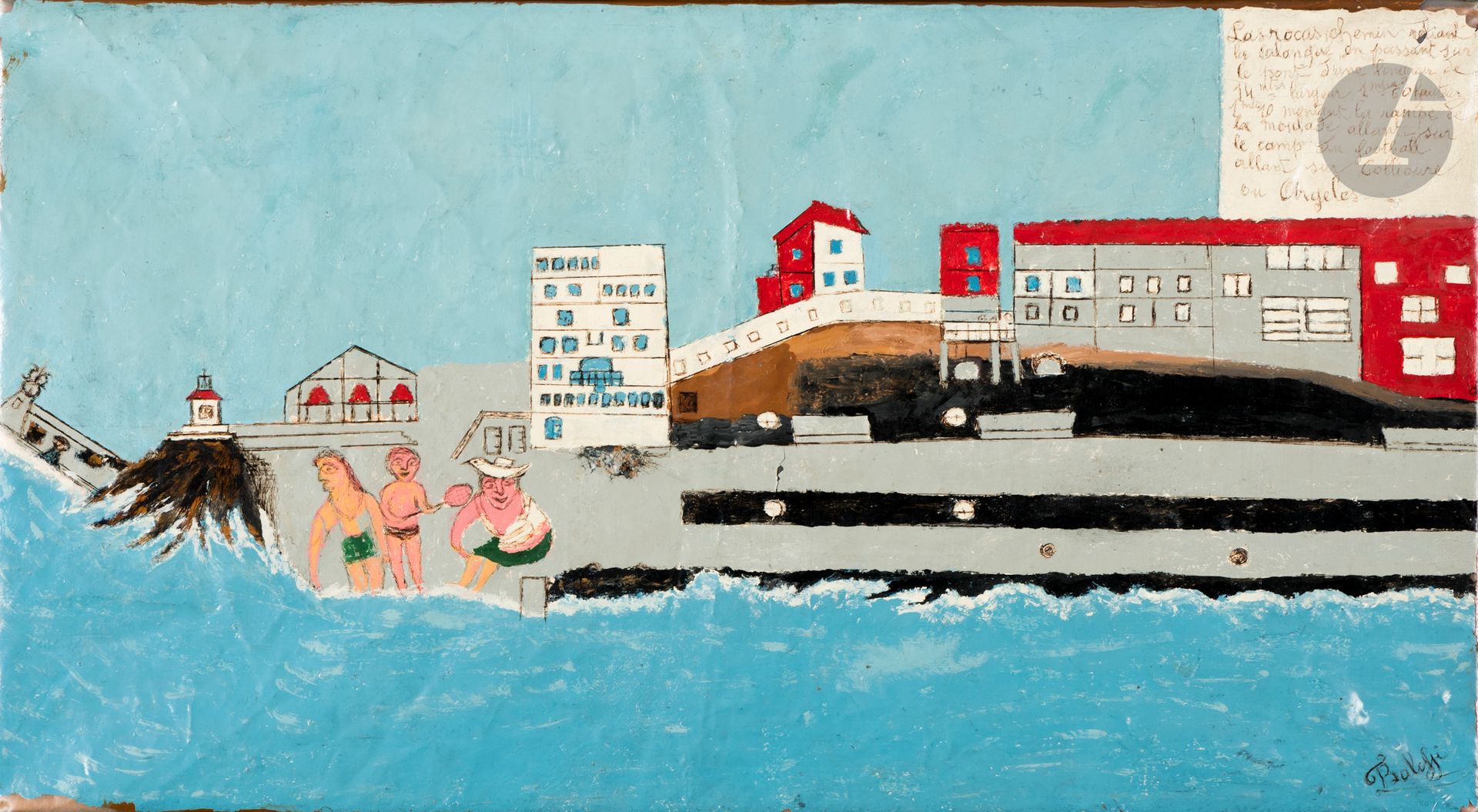 François BALOFFI (1888-1979)
Collioure, le Chemin de la Moulade
Peinture sur sac poubelle.
Signée en bas à droite.
Située en haut à droite «La Rocasse, chemin reliant la calanque en passant sur le pont d’une longueur de 14 mètres de largeur, 1 m 60 hauteur, 1 m 10 montant la rampe de la Moulade allant sur le camp du football allant sur Collioure ou Argelès.»
(Petits manques).
33 x 61 cm

Provenance : 
- Collection Mado et Jean Jacques, Paris (marque au dos sur le châssis).
- Collection privée, Paris.

Exposition : 
Bon Siècle, Mr Baloffi, Musée de Collioure, décembre 1987, catalogue, n° 24, non reproduit.