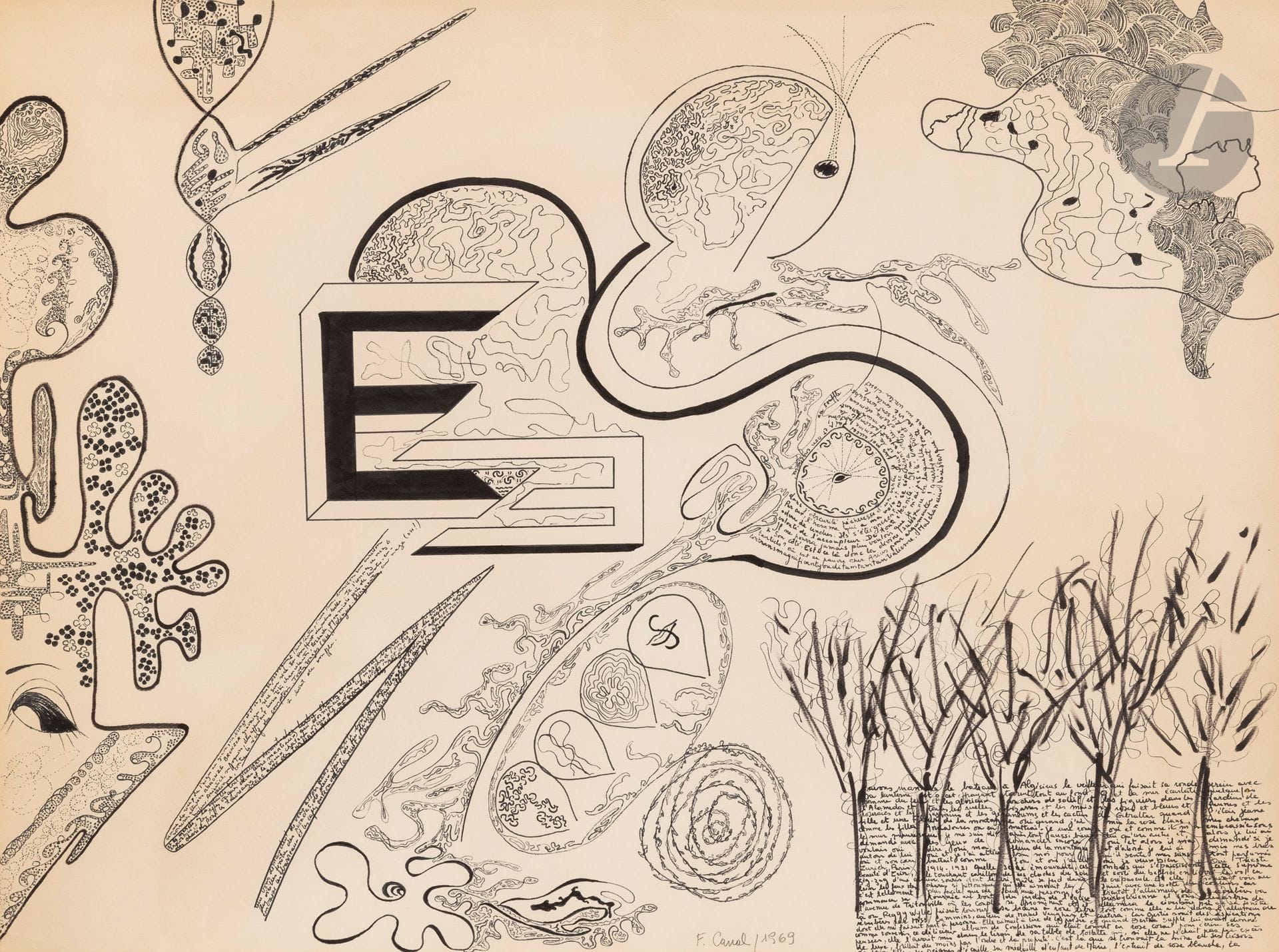 Françoise CANAL (née en 1944)
E, 1969
Feutre et encre sur papier.
Signé et daté en pied.
50 x 65 cm