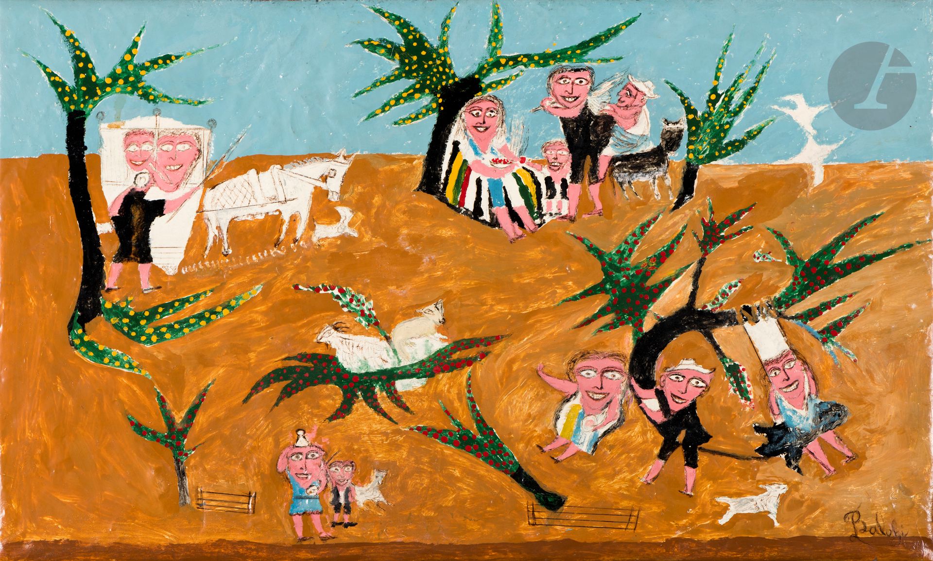 François BALOFFI (1888-1979)
Fête Champêtre au temps jadis
Peinture sur sac poubelle.
Signée en bas à droite.
33 x 55 cm

Provenance : 
- Collection Mado et Jean Jacques, Paris (marque au dos sur le châssis).
- Collection particulière, Paris.

Exposition : 
Bon Siècle, Mr Baloffi, Musée de Collioure, décembre 1987, catalogue, n° 25, non reproduit.