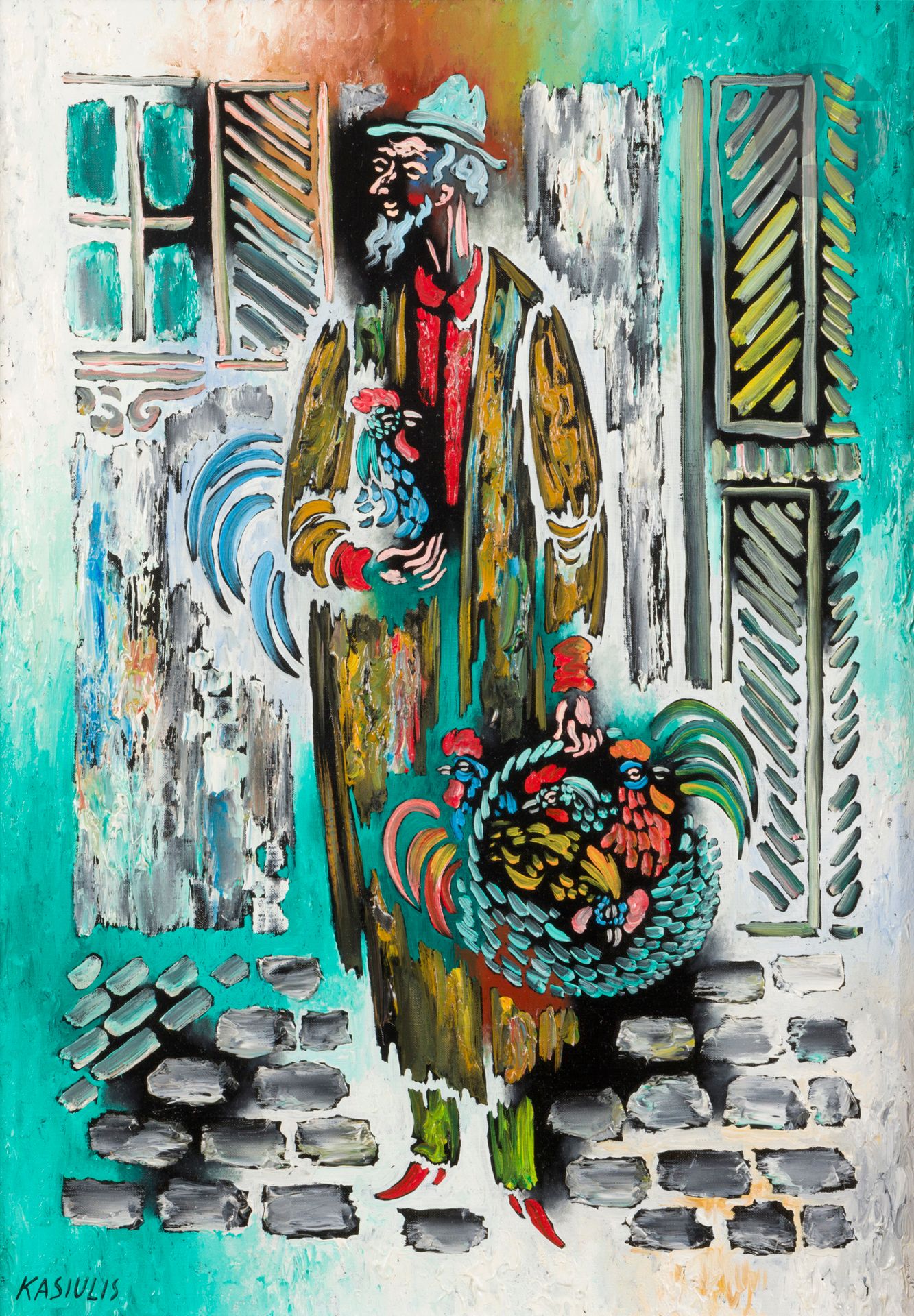 Vytautas KASIULIS [Lithuanian] (1918-1995) 
Old man with roosters 
Oil on canvas. 
Signed lower left. 
55 x 38.5 cm 
 
Provenance : 
Galerie des Beaux-Arts, Paris (stamped on the back of the stretcher).