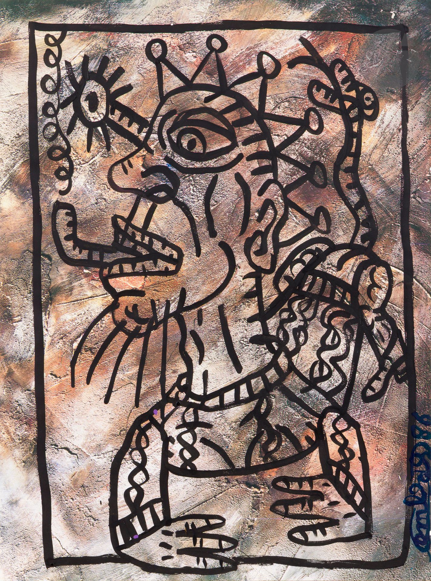 Robert COMBAS (born 1957) 
I WANNA BE YOUR DOG - L'HOMME BÊTE BESTIALEMENT ACCROUPI COMME UN CHIEN À SA MÉMÈRE, 1986
"I wanna be your dog! Plus saint Claude pipin the mouth. Translation: I'd like to be your dog (with pipe in mouth). Iggy Pop."
Acrylic on paper.
Signed lower right.
62 x 46 cm

This work is registered in the archives of the Robert Combas studio.
A certificate from the artist will be given to the buyer.