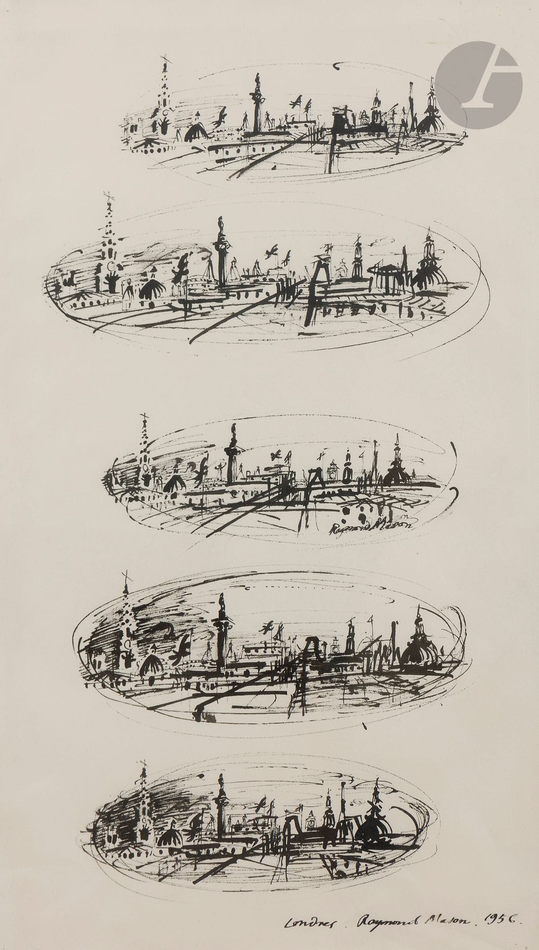 Raymond MASON [anglais] (1922-2010) 
Vue de Londres, 1956 
Encre de Chine. 
Signée, datée et située en bas à droite. 
55,5 x 31,5 cm 

Bibliographie : 
Michael Edwards, Raymond Mason, Éditions Thames and Hudson, une vue similaire reproduite en bas de page.
