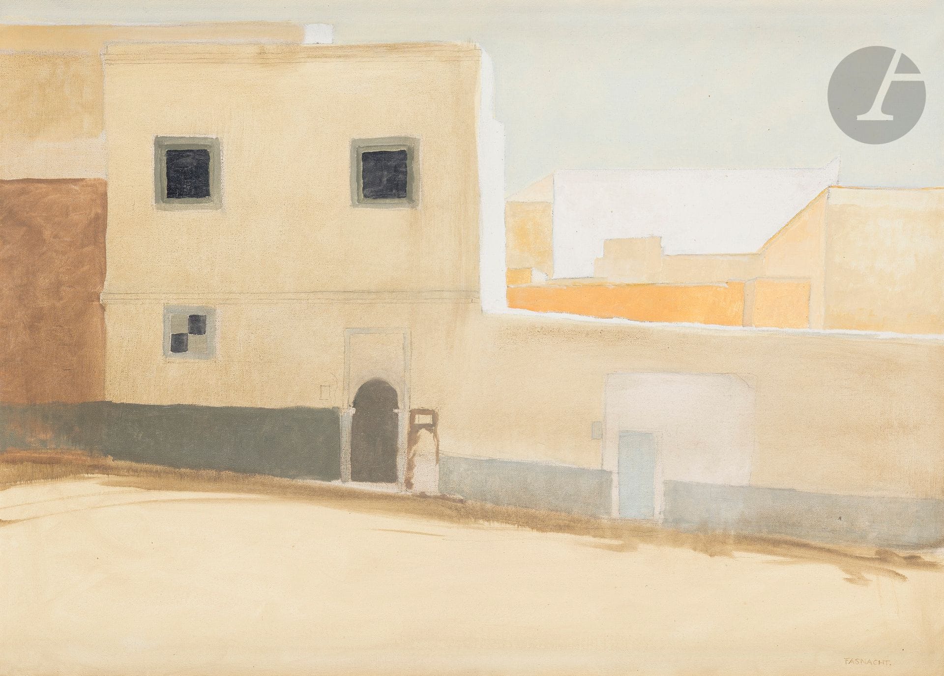 Éric FASNACHT (1954-2017) 
La Porte bleue, 1999 
Huile sur toile. 
Signée en bas à droite. 
54 x 73 cm 
 
Provenance : 
Galerie Framond, Paris (étiquette au dos sur le châssis).