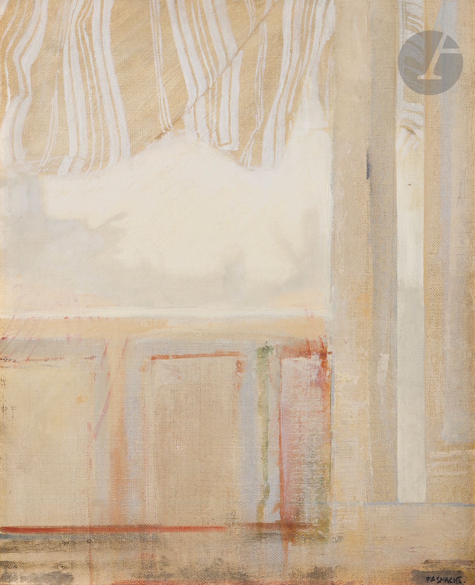 Éric FASNACHT (1954-2017) 
Le Port du regard, 1989 
Huile sur toile. 
Signée en bas à droite et titrée au dos. 
46 x 38 cm 
 
Provenance : 
Galerie Framond, Paris (étiquette au dos sur le châssis).