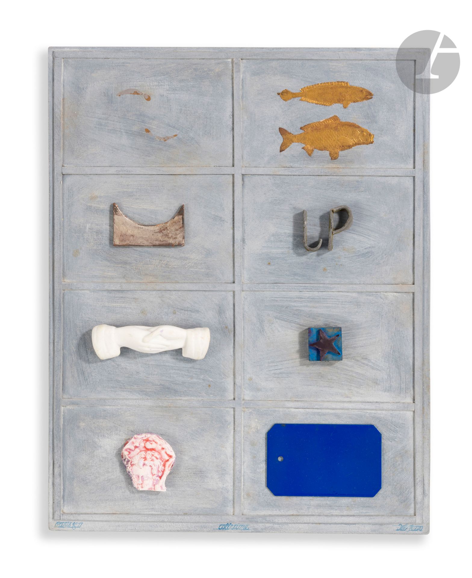 Lucio DEL PEZZO [Italian] (1933-2020) 
Collezione, 1977 
Painted wood and assemblage. 
Signed, dated and titled at foot. 
(Missing). 
33 x 26 cm