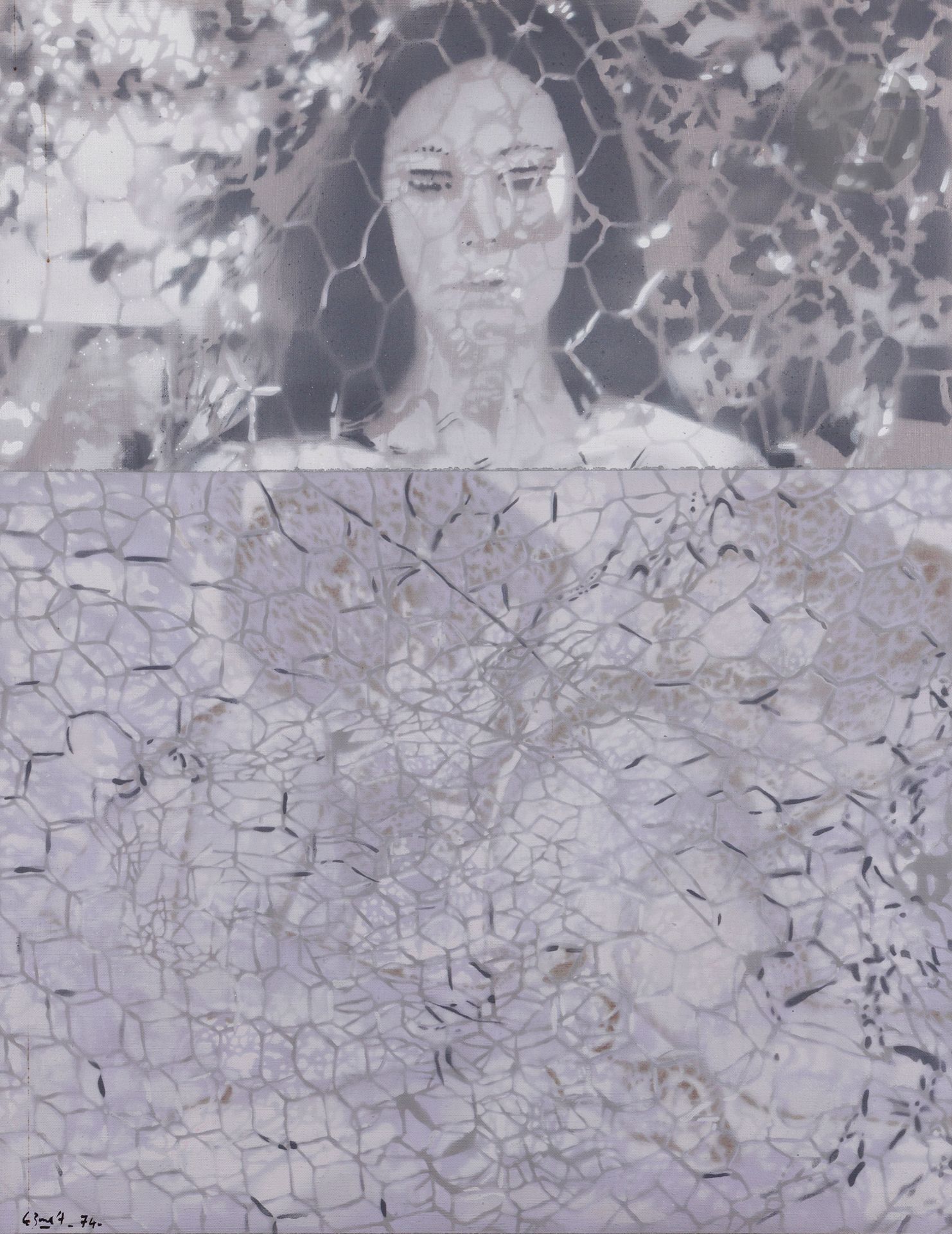 Jean-Pierre LE BOUL'CH (1940-2001) 
Woman with wire fence, 1974 
Acrylic on canvas. 
Signed and dated lower left. 
Signed and dated on the back. 
81 x 65 cm