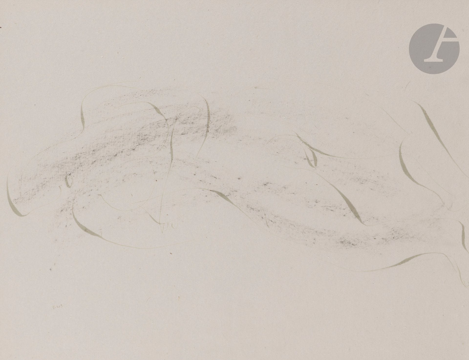Jean FAUTRIER (1898-1964) 
Nu, 1943 
Encre et fusain. 
Monogrammée et datée en bas à gauche. 
31.5 x 34 cm
 
Provenance : 
- Galerie Mony Calatchi, Paris (étiquette au dos sur le montage). 
- Galerie Tarica, Paris (étiquette au dos sur le montage).