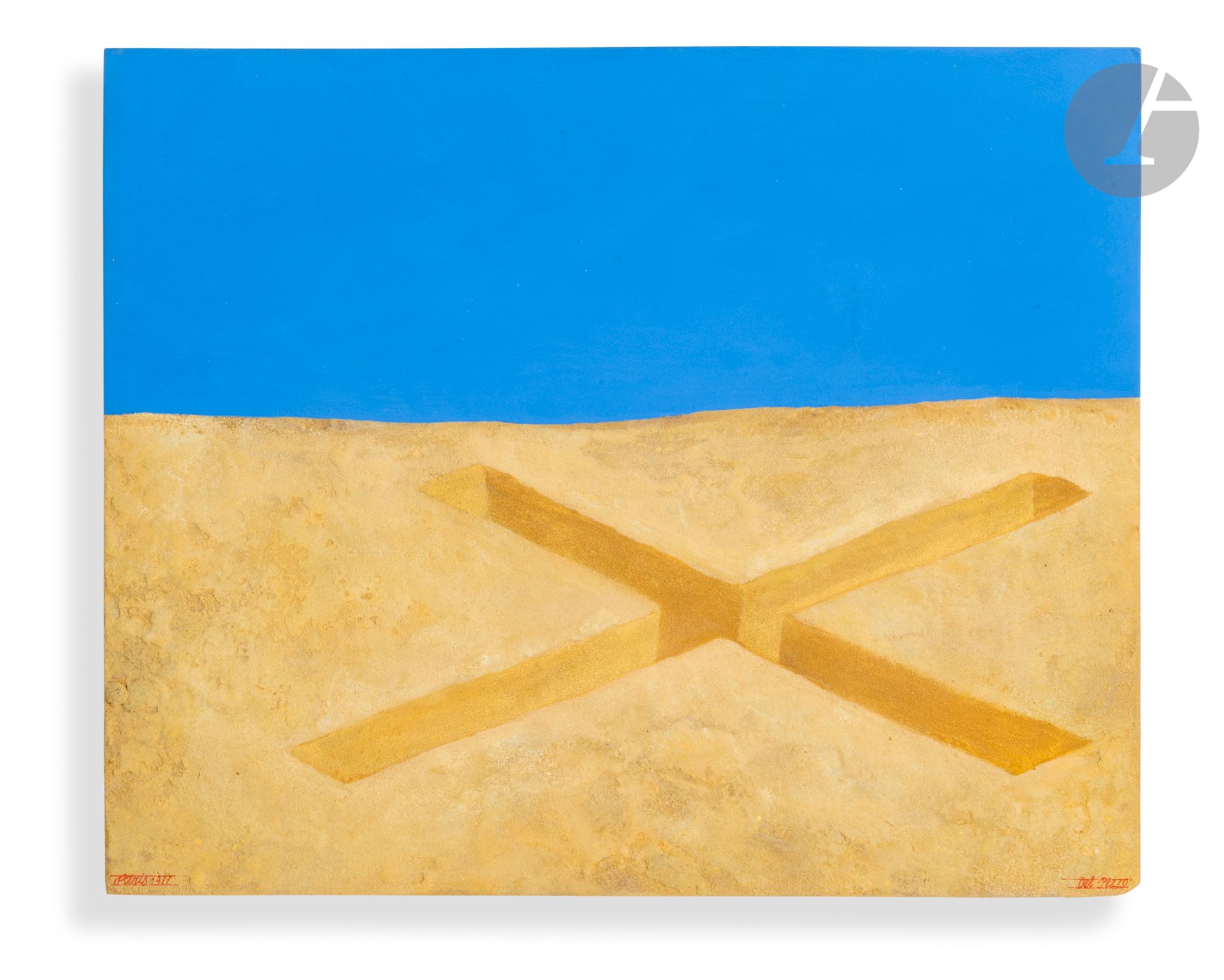 Lucio DEL PEZZO [italien] (1933-2020) 
Le Lieu, 1977 
Huile et sable sur panneau. 
Signé et daté en bas sur le côté. 
26,5 x 32,5 cm