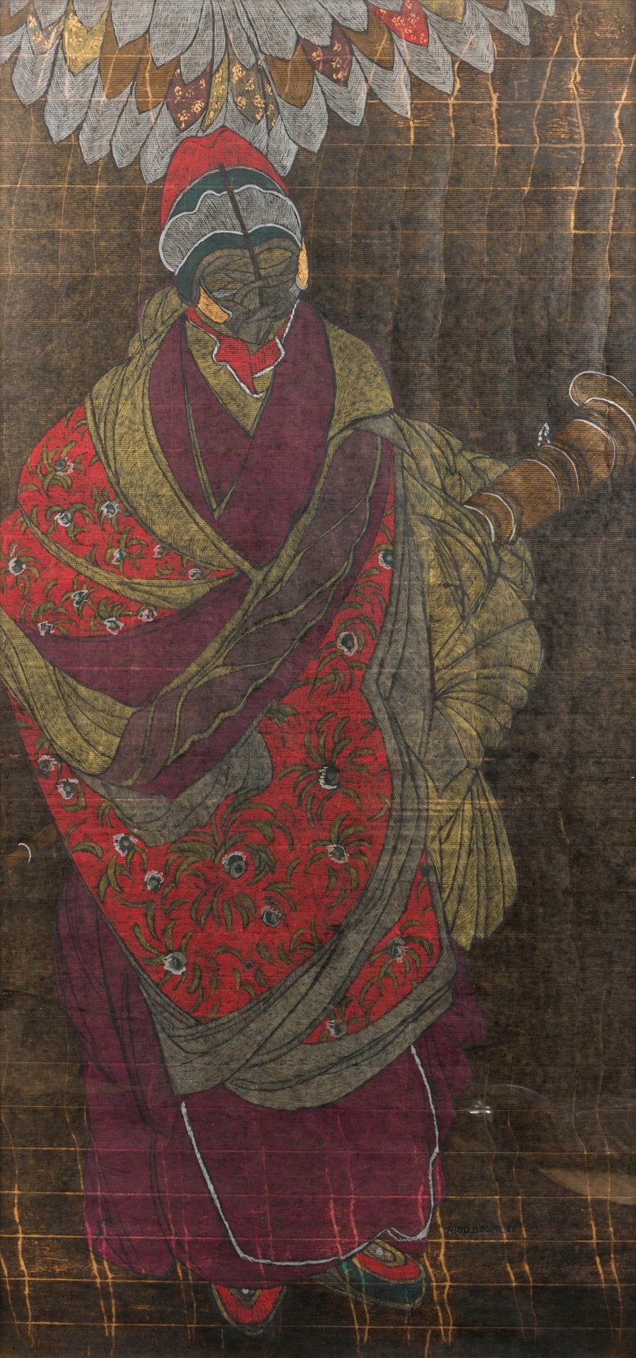 Riva BOREN [Polish] (1926-1995) 
Oriental man, 1985 
Pastel on kraft paper. 
Signed and dated lower right. 
155 x 75 cm 
 
Provenance : 
Galerie Albert Loeb, Paris (label on back of mount).