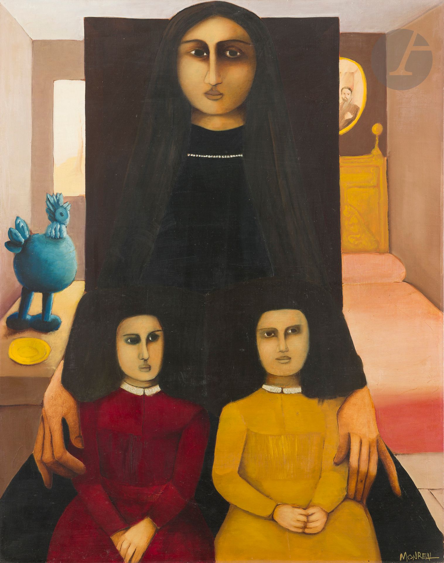 Andrés MONREAL [chillien] (1937-2012) 
La Famille, 1967 
Huile sur toile. 
Signée en bas à droite. 
Signée et datée au dos. 
92 x 73 cm
 
Provenance : 
Vente Me Rieunier & Bailly-Pommery, Hôtel Drouot, Paris, 1er décembre 1992.