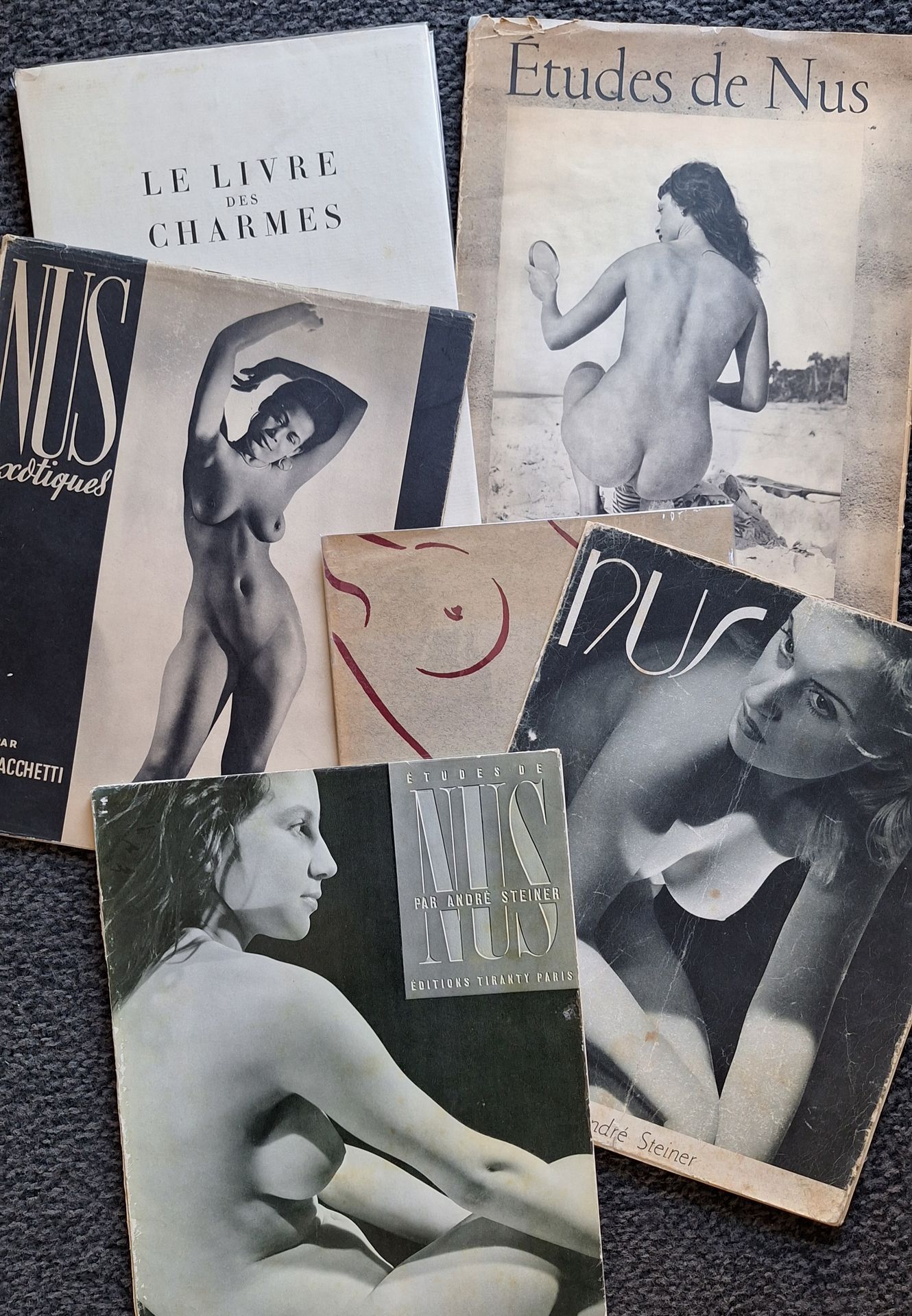 NUS
6 volumes devoted to nude photography.
*Nude studies, by André Steiner. Éditions Tiranty 1952
*45 nudes, by André Steiner. Éditions Sun, n.d.
*Studes académiques artistiques, by Peikert. Édition Montclair-Pully, n.d.
*Academic Nudes, by Paul L. Facchetti. Société Parisienne d'Éditions Artistiques, n.d.
*Nude studies (second series). 24 heliogravure photographs by Brassaï, André de Diènes, Willy Ronis, Sougez, a.o. (one plate missing). Éditions du Chêne, 1949. In publisher's portfolio.
*Le livre des charmes, featuring some of the most beautiful texts written in praise of the female body. Illustrated with 29 photographic plates in the text and off-text by André Steiner, René Zuber, Jean Moral, Braig, Brassaï. 
Usual wear to covers.
