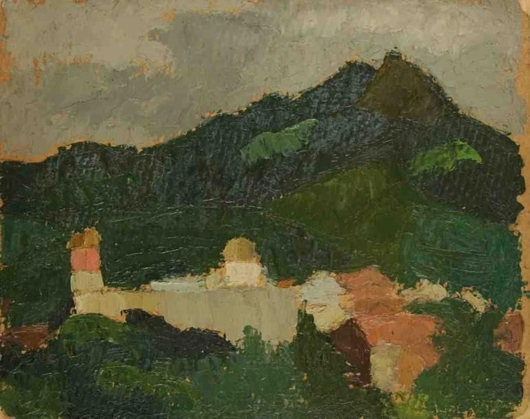 J.P. RIVIÈRE
Monastère au Nicaragua, 1948. Huile sur carton. Non signée. Située et datée au dos. 19 x 24 cm