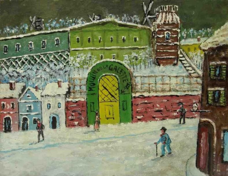 M. CARTIER (XXe siècle)
Montmartre, le Moulin de la Galette en hiver. Huile sur panneau. Non signée. (Fentes au panneau). 29 x 37 cm