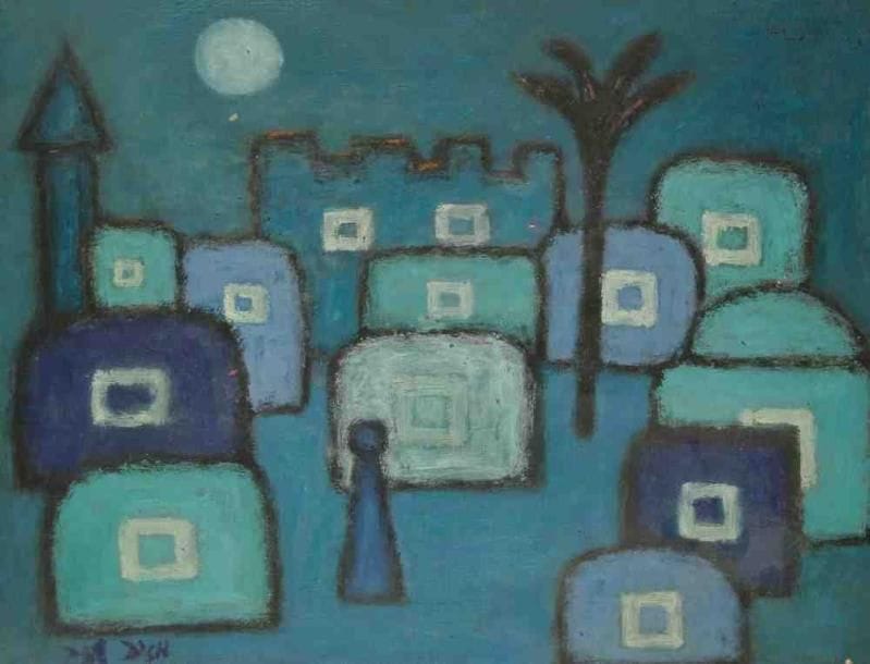 Meyer LAZAR (1923-1995)
Village au palmier. Huile sur carton. Monogrammée en bas à gauche. 27 x 35 cm