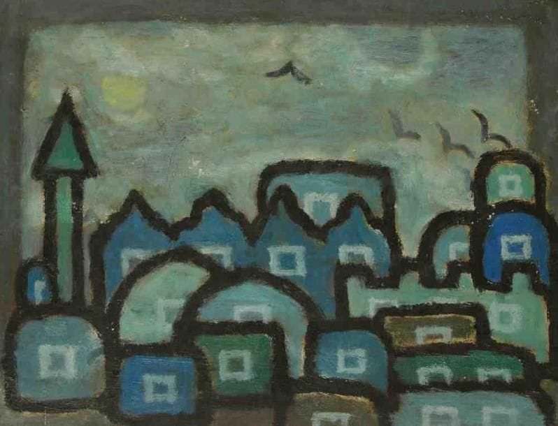 Meyer LAZAR (1923-1995)
Village bleu. Huile sur panneau. Signée en haut à droite. 27 x 35 cm