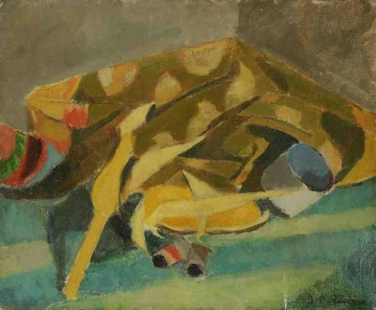 J.P. RIVIÈRE
Nature morte au foulard, 1949. Huile sur toile. Signée en bas à droite. Datée au dos. (Usures). 38 x 46 cm