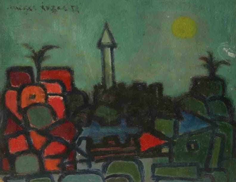 Meyer LAZAR (1923-1995)
Ville rouge et verte. Huile sur carton. Signée en haut à gauche. 27 x 35 cm