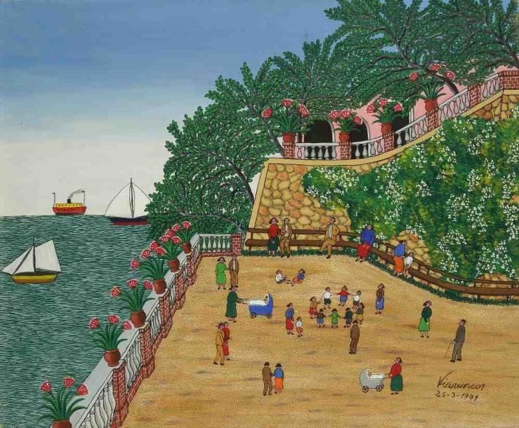 Miguel Garcia VIVANCOS (1895-1972)
Terrasse en bord de mer, 1979. Huile sur toile. Signée et datée en bas à droite. 50 x 61 cm