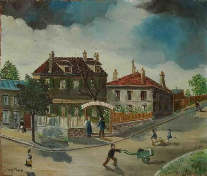 Jean FOUS (1901-1971)
Hôtel à l?Arc en Ciel. Huile sur toile. Signée en bas à gauche. (Manques). 47 x 55 cm