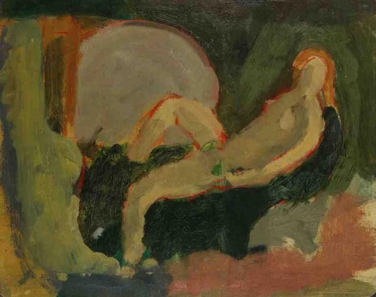 J.P. RIVIÈRE
Nu allongé, 1946. Huile sur carton. Non signée. Datée au dos. 19 x 24 cm