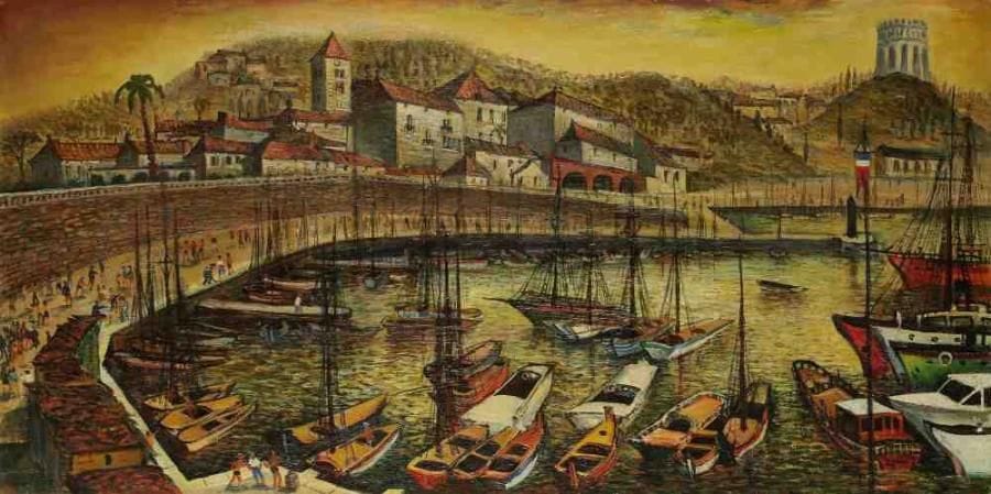 Jean RAFFY LE PERSAN (1920-2008)
Ville en bord de mer. Huile sur panneau. Signée en bas à gauche. Signée au dos. 44 x 89 cm