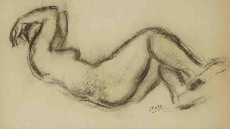 Johan ROEMPLER dit JEVER (1889-1967)
Étude de femme allongée. Fusain. Signé en bas à droite. 26 x 43 cm