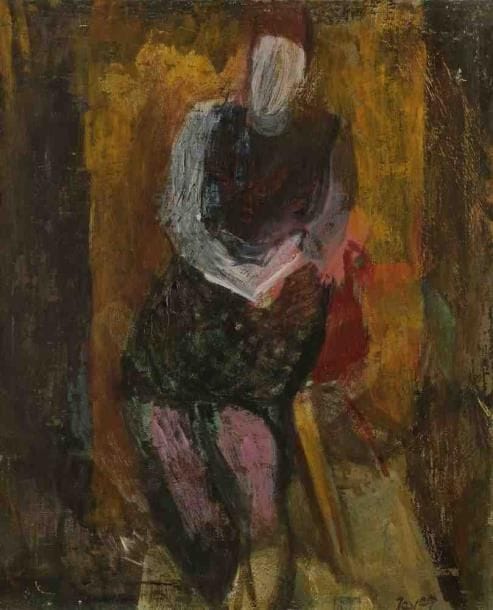 Johan ROEMPLER dit JEVER (1889-1967)
Femme assise. Huile sur toile. Porte le cachet de la signature. 46 x 38 cm