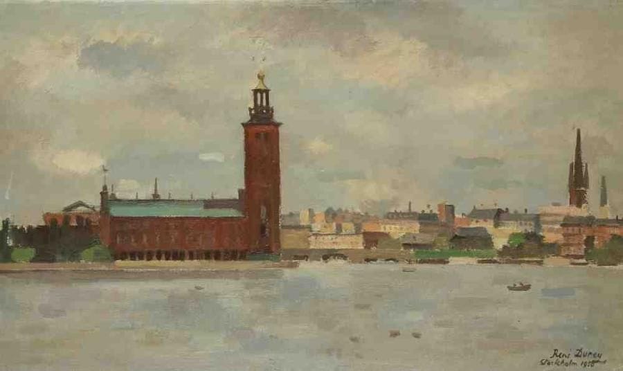 René DUREY (1890-1959)
Stockholm, vue de l?Hôtel de ville, 1950. Huile sur toile. Signée et datée en bas à droite. 33 x 55 cm}. Exposition: salon des Tuileries, 1951.. Provenance: galerie Charpentier, Paris 8e