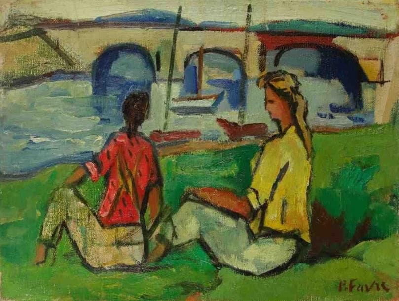 Pierre FAVRE (1906-1983)
Femmes au bord de la rivière. Huile sur toile. Signée en bas à droite. 24 x 33 cm. Exposition: Galerie Pierre Puget, Bandol, Août 1967, n°24