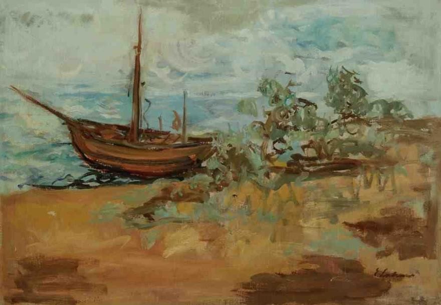 Emile LAHNER (1893-1980)
Bateau sur la plage. Huile sur toile. Signée en bas à droite. (Restaurations). 46 x 65 cm