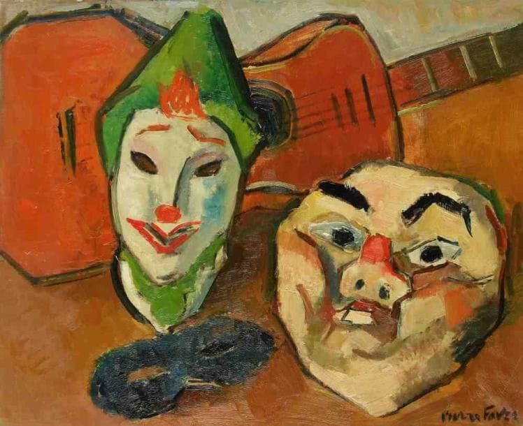 Pierre FAVRE (1906-1983)
Les masques. Huile sur toile. Signée en bas à droite. 38 x 46 cm