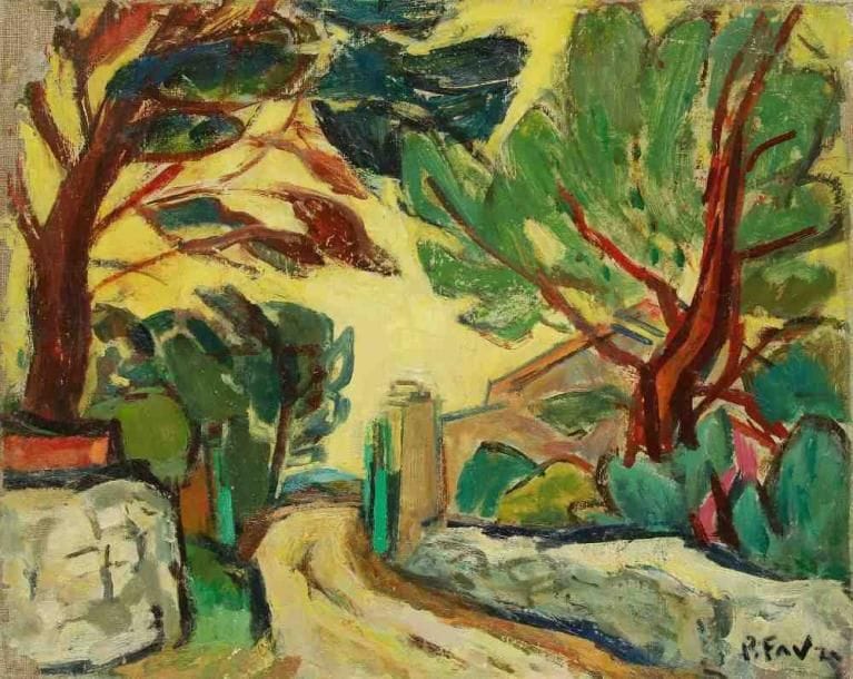 Pierre FAVRE (1906-1983)
Chemin en Provence. Huile sur toile. Signée en bas à droite. (Manques sur les bords). 33 x 41 cm. Exposition: Galerie Pierre Puget, Bandol, Août 1967, n°17