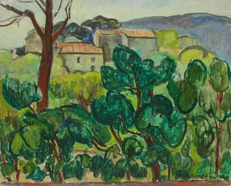 Pierre FAVRE (1906-1983)
Mas provençal. Huile sur toile. Signée en bas à droite. 33 x 41 cm. Exposition: Galerie Pierre Puget, Bandol, Août 1967, n°12