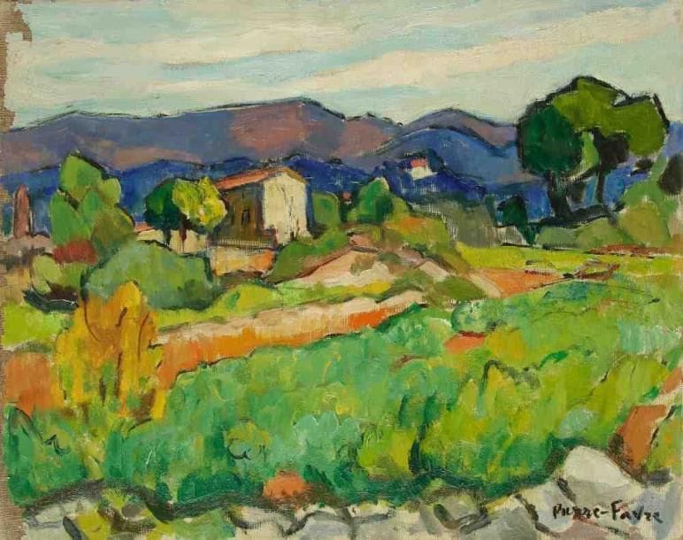 Pierre FAVRE (1906-1983)
Paysage de Provence. Huile sur toile. Signée en bas à droite. (Accidents). 33 x 41 cm. Exposition: Galerie Pierre Puget, Bandol, Août 1967, n°14