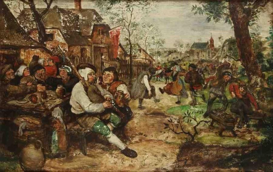 ANONYME (d?après Breughel)
Fête du village. Huile sur panneau. Non signée. 26 x 40 cm