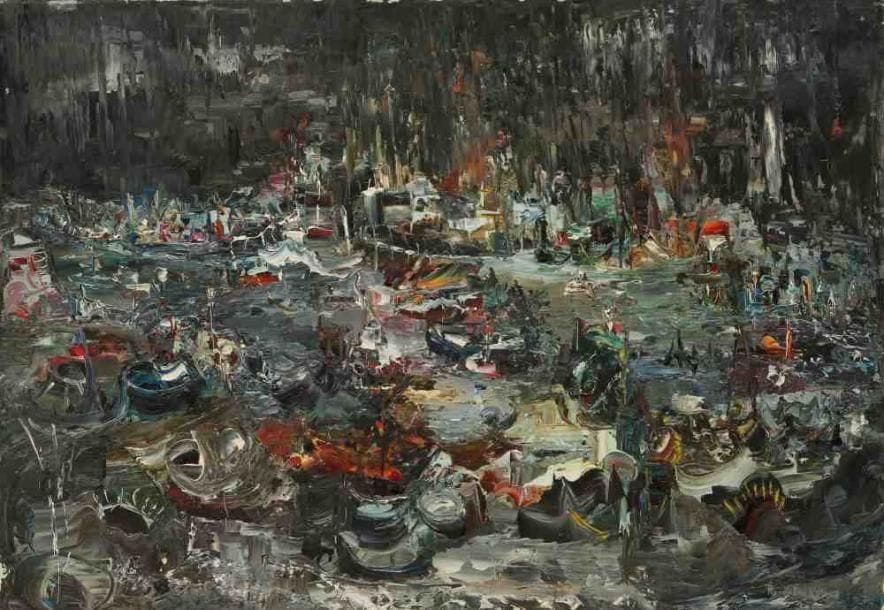 Pierre CHALOU (1942-2003)
Bateaux au port, 1962. Huile sur toile. Signée et datée en bas à droite. 38 x 55 cm