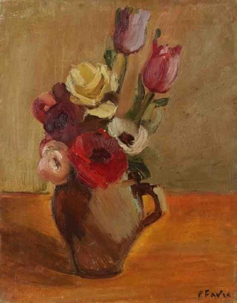 Pierre FAVRE (1906-1983)
Anémones et tulipes dans un vase. Huile sur toile. Signée en bas à droite. 41 x 33 cm