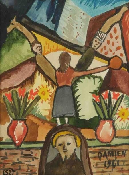 DAMIEN (XXe siècle)
Personnages au parc, 1961. Aquarelle. Signée et datée en bas à droite. 17 x 13 cm. On y joint une aquarelle 16 x 12 cm, La femme girafe