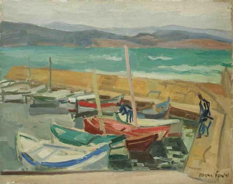 Pierre FAVRE (1906-1983)
Port de Provence. Huile sur toile. Signée en bas à droite. (Manques sur les bords). 33 x 41 cm