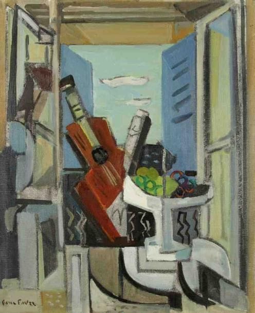 Pierre FAVRE (1906-1983)
Nature morte à la guitare et coupe de fruits. Huile sur toile. Signée en bas à gauche. 46 x 38 cm