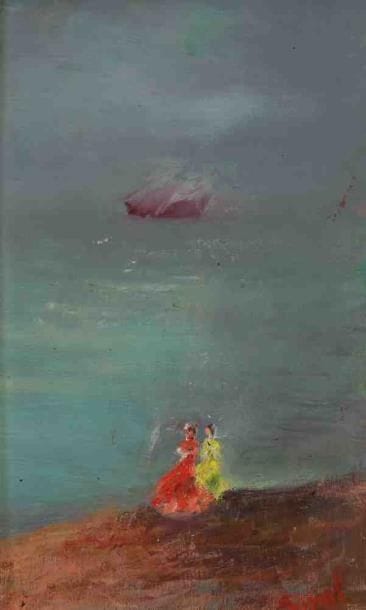 SINOL (XXe siècle)
Femmes en bord de mer. Huile sur carton. Signée en bas à droite. 24 x 14 cm
