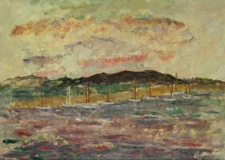 Hélène STANTON (XXe siècle)
Bateaux au port, 1960. Huile sur toile. Signée et datée en bas à droite. Signée au dos. 65 x 76 cm