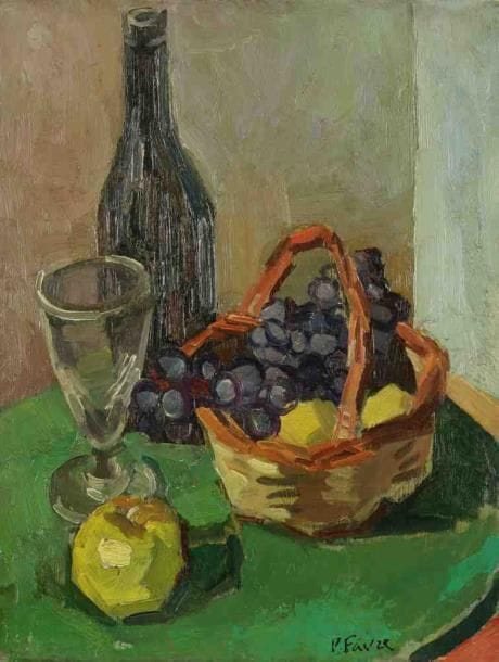 Pierre FAVRE (1906-1983)
Nature morte au panier de fruits. Huile sur panneau. Signée en bas à droite. 35 x 27 cm. Exposition: Galerie Pierre Puget, Bandol, Août 1967, n°21