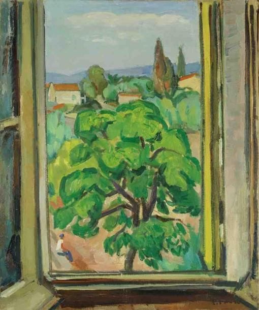 Pierre FAVRE (1906-1983)
Fenêtre ouverte au Lavandou. Huile sur toile. Signée en bas à droite. 55 x 46 cm