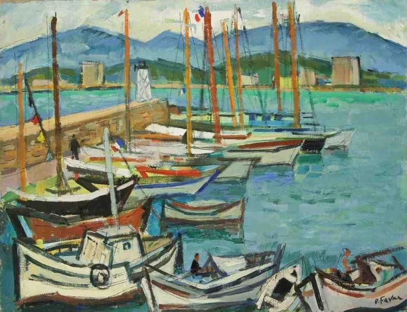 Pierre FAVRE (1906-1983)
Bateaux au port de La Ciotat. Huile sur toile. Signée en bas à droite. 50 x 65 cm