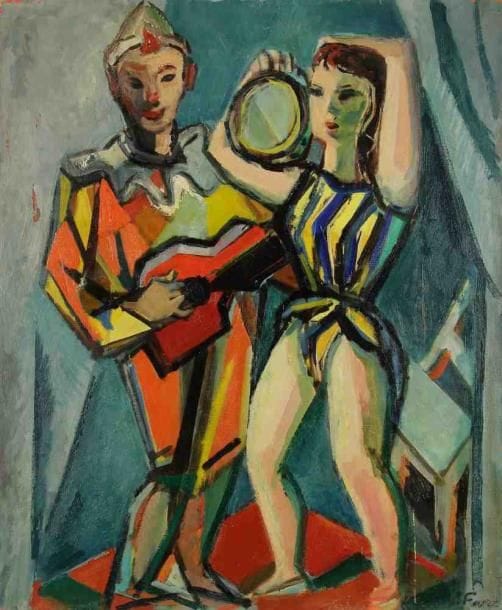 Pierre FAVRE (1906-1983)
Les saltimbanques. Huile sur toile. Signée en bas à droite. (Accidents). 73 x 60 cm